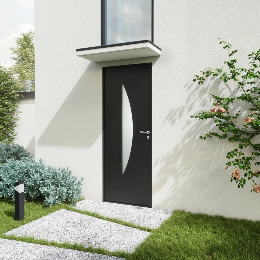 Porte blindée gris anthracite sur une façade contemporaine